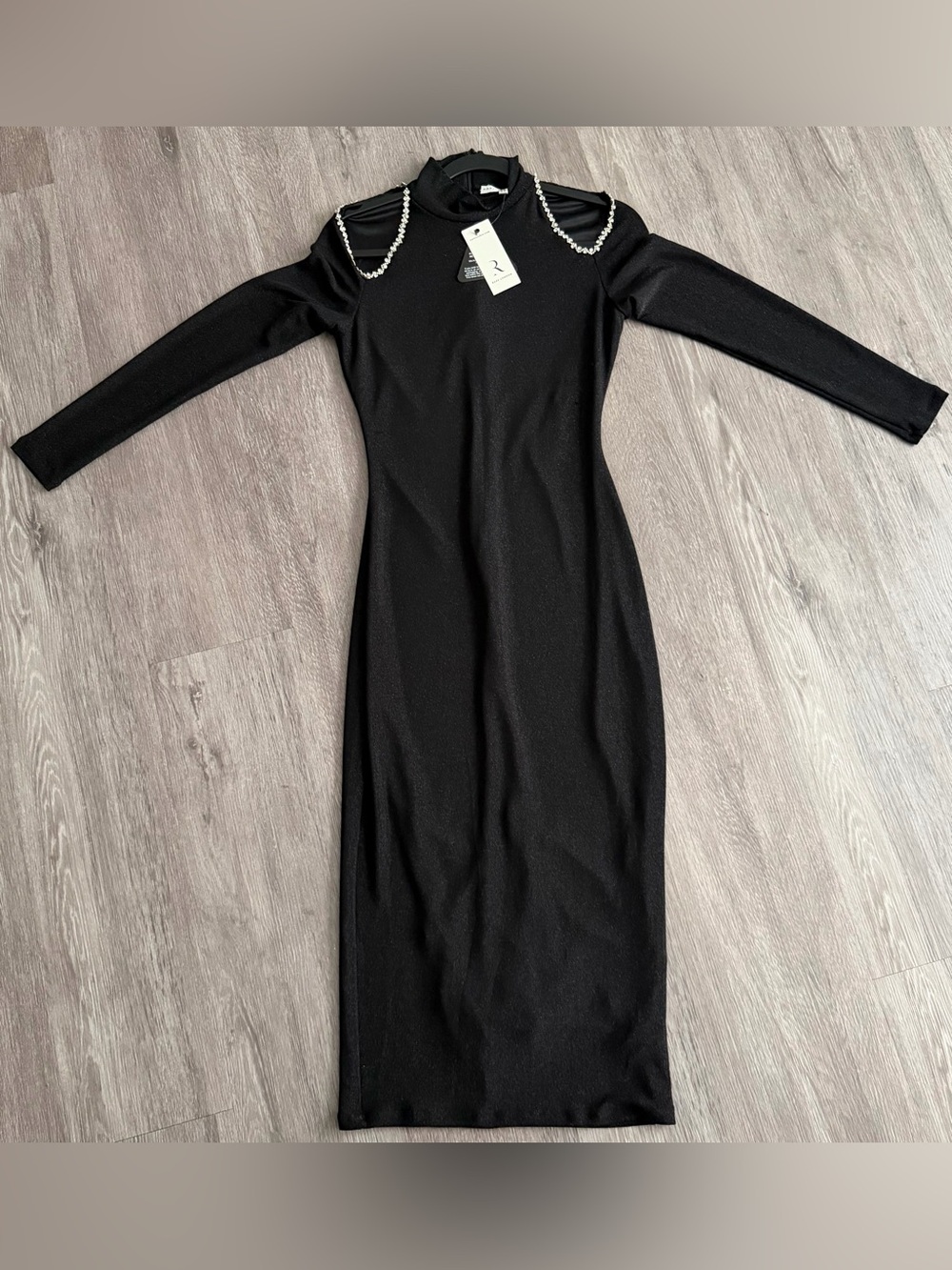 Rare London Black Long Sleeve Midi Dress with Pearl Shoulder Detail